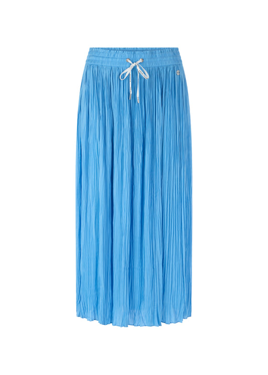 A light blue pleated midi skirt with an elastic waistband and a white drawstring, shown against a plain white background.
