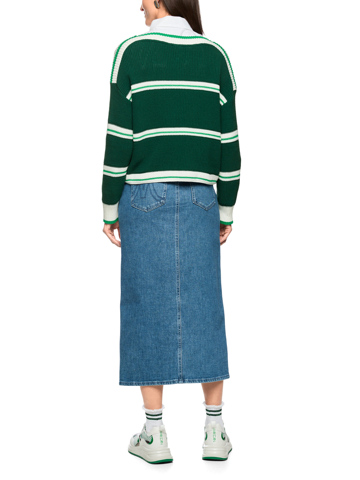 Cotton Blend Stripe Knit In Dark Jade Green by Marc Cain - view 6