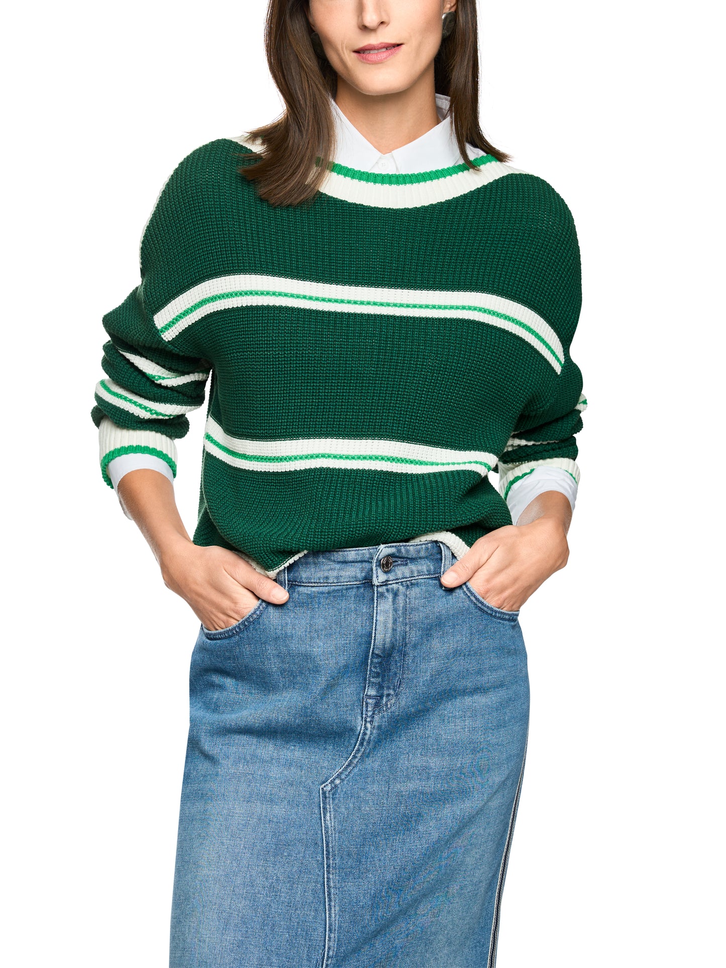 Cotton Blend Stripe Knit In Dark Jade Green by Marc Cain - view 3