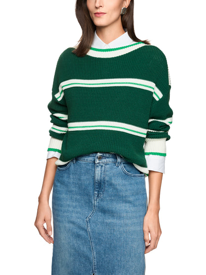 Cotton Blend Stripe Knit In Dark Jade Green by Marc Cain - view 2