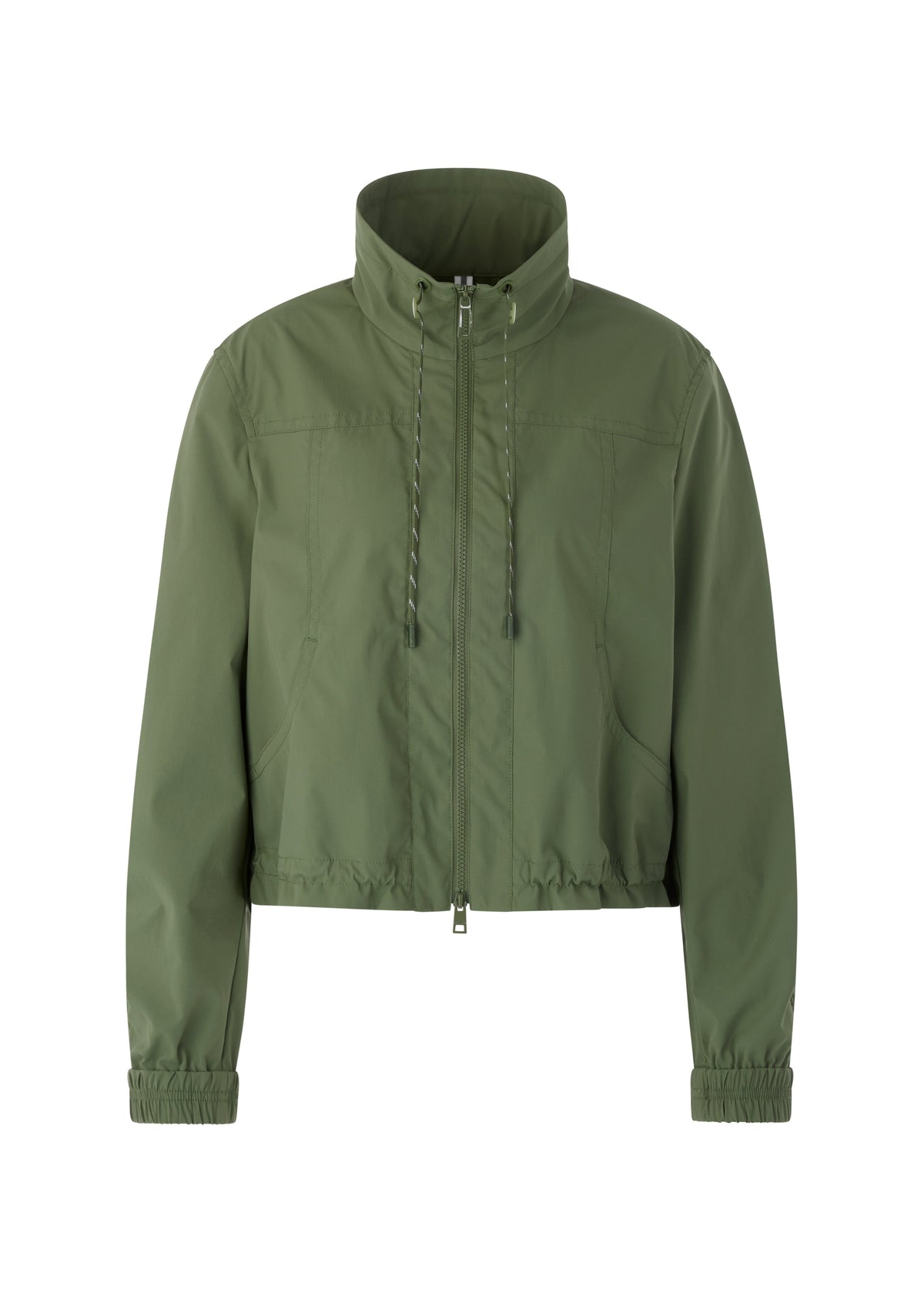 An olive green cropped lightweight jacket with a stand-up collar, front zipper, and drawstring details, shown on a plain white background.
