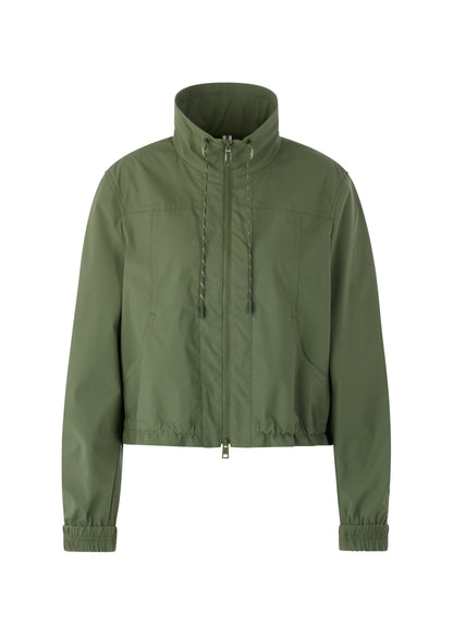 An olive green cropped lightweight jacket with a stand-up collar, front zipper, and drawstring details, shown on a plain white background.