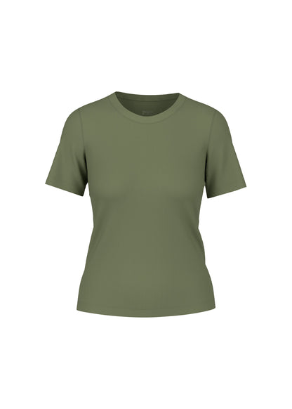 An olive green short-sleeve crewneck t-shirt displayed on a clean white background.
