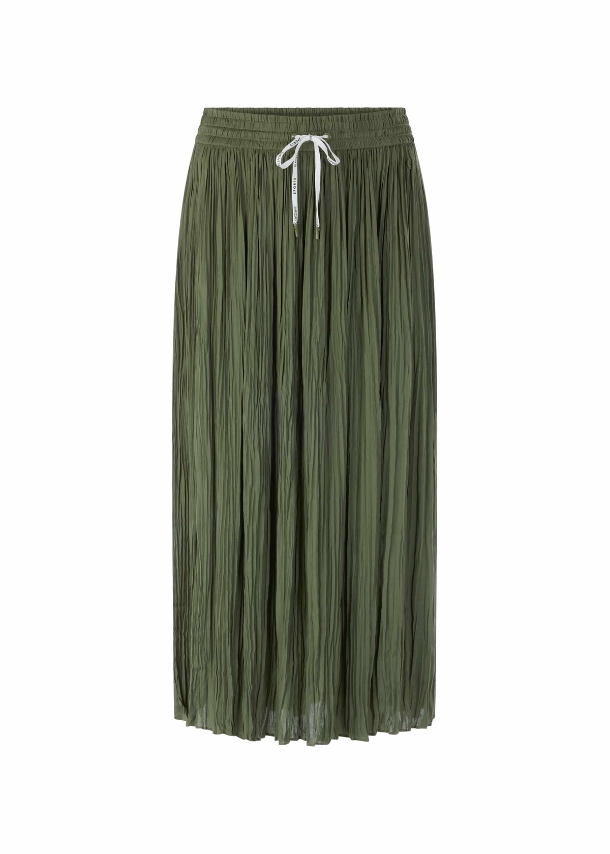 Green pleated skirt with a white drawstring on a white background
