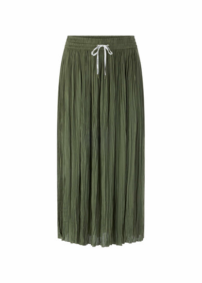Green pleated skirt with a white drawstring on a white background