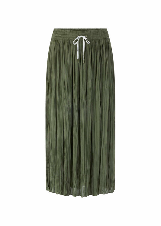 Green pleated skirt with a white drawstring on a white background