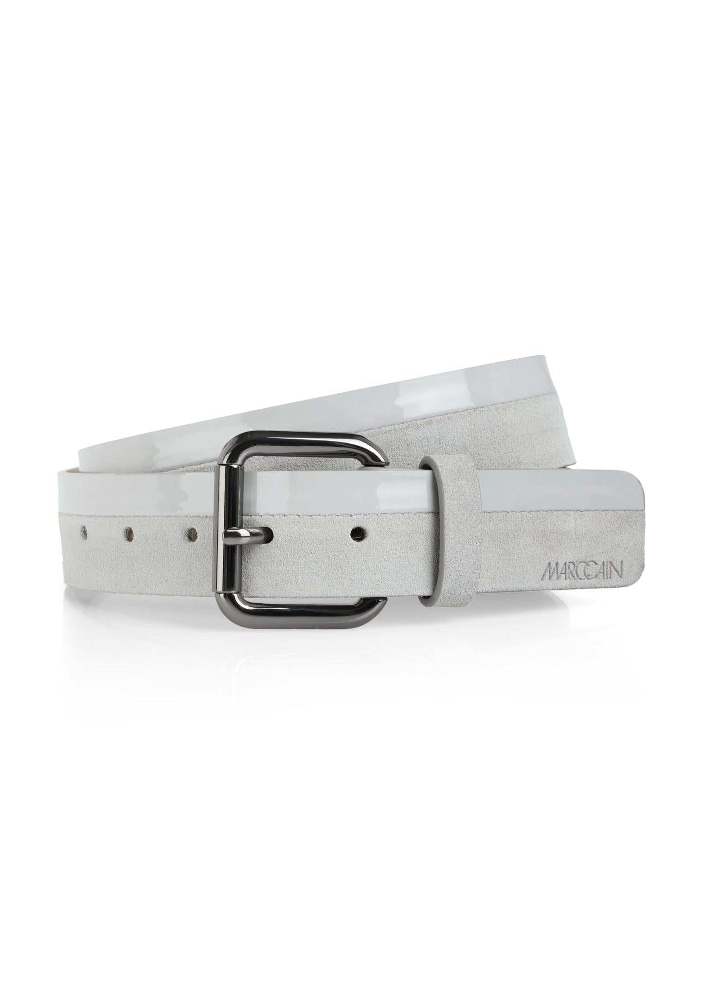 Gray belt with a black buckle on a white background