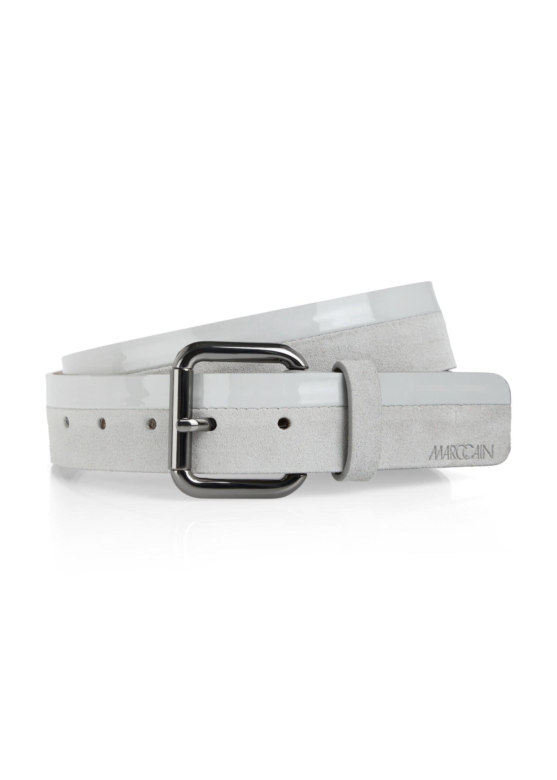 Gray belt with a black buckle on a white background