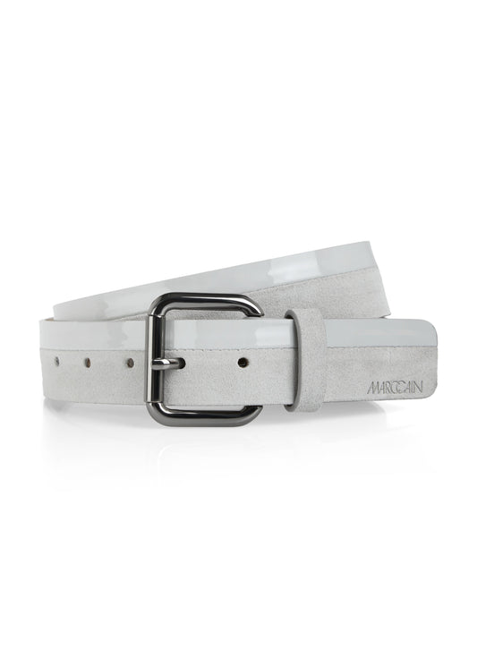 Gray belt with a black buckle on a white background