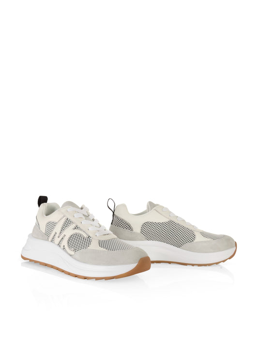 Pair of light gray sneakers with white soles on a white background