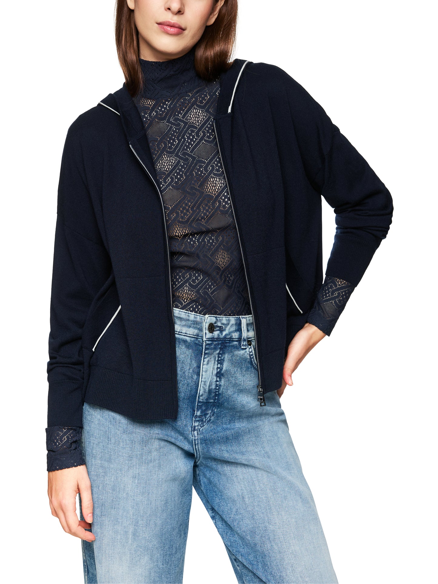 NAVY SPORT CARDIGAN W CREAM PIPE DETAIL