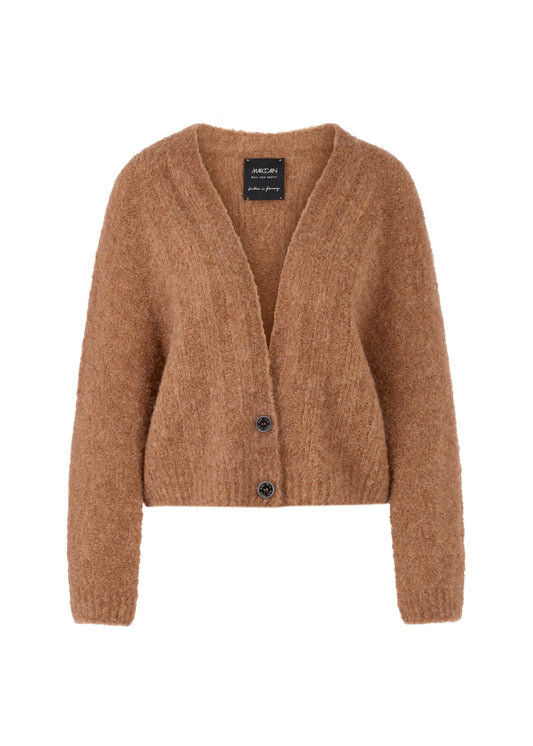 Brown cardigan with buttons on a white background