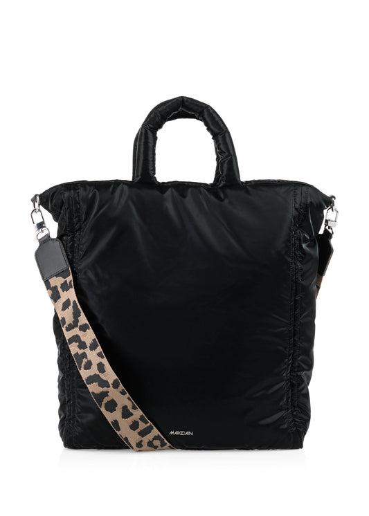 Black backpack with a leopard print strap on a white background