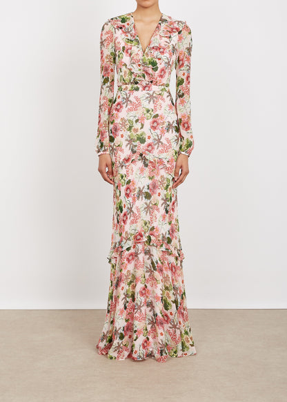 Floral dress with long sleeves on a plain background
