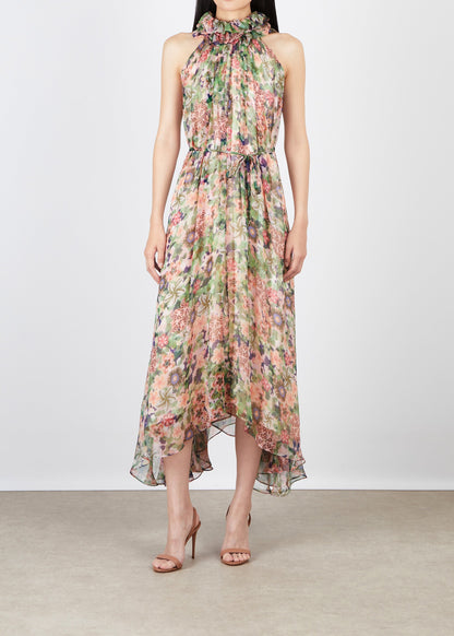 Floral dress worn by a model on a plain background