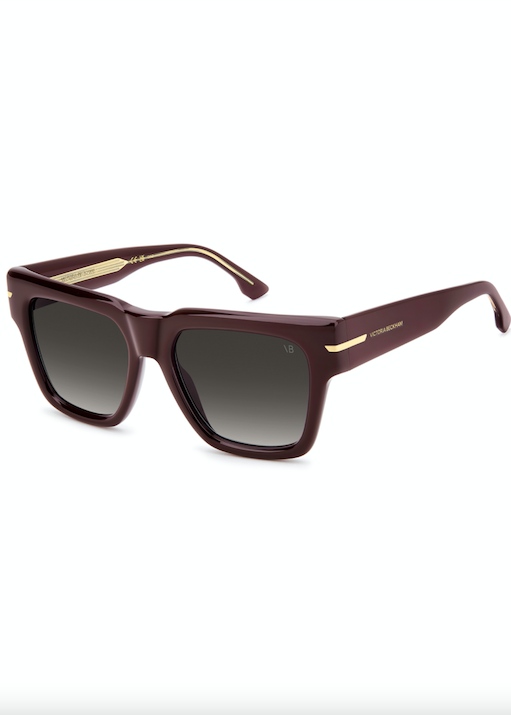 Maroon sunglasses with gold accents on a white background