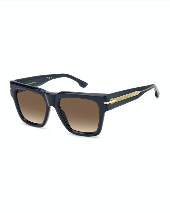 Sunglasses with dark blue frame and gold accents on a white background