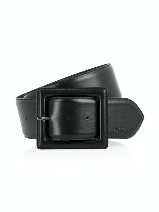 BLACK WIDE SQUARE BUCKLE LEATHER WAIST BELT