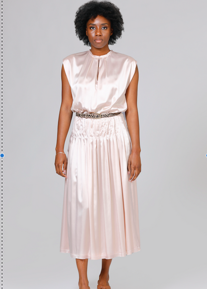 CRIDA Milano Ponza Silk Midi Dress in Pale Rose pure silk satin