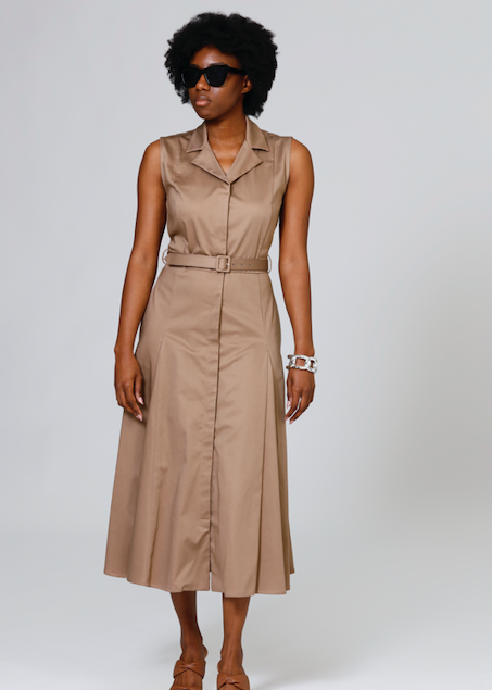CRIDA Milano Taranto Midi Dress in Cappuccino stretch cotton satin