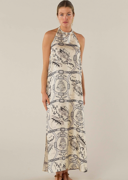 La Prestic Ouiston Marbella silk dress in grey and ecru
