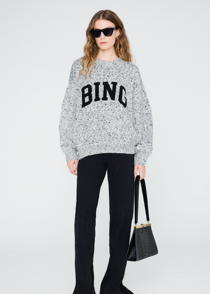 Woman wearing a gray sweater with 'BING' text, black pants, and sunglasses on a white background