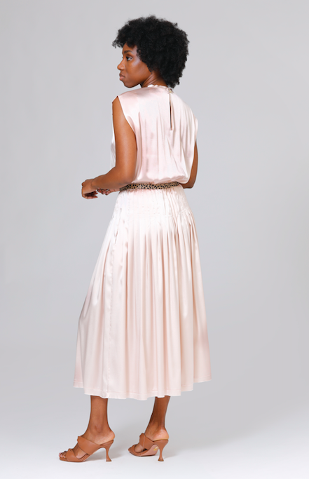 CRIDA Milano Ponza Silk Midi Dress in Pale Rose pure silk satin