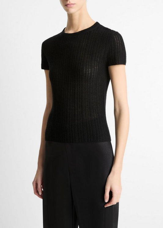 BLACK WAFFLE KNIT CASHMERE & SILK S/S CREW