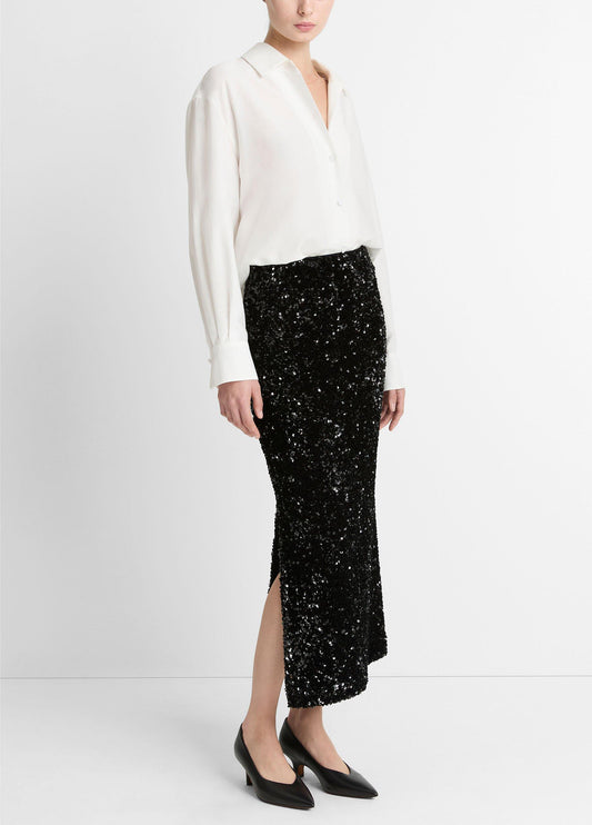 SEQUINS ON VELVET COLUMN MAXI SKIRT