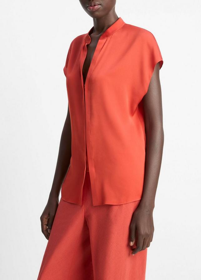 CAP SLEEVE BLOUSE W CONTRAST PLACKET