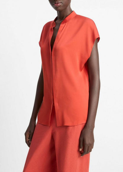 CAP SLEEVE BLOUSE W CONTRAST PLACKET