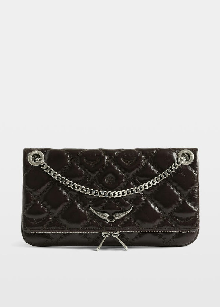 Black textured handbag with a chain detail on a white background