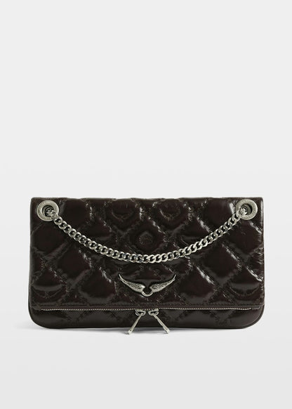Black textured handbag with a chain detail on a white background