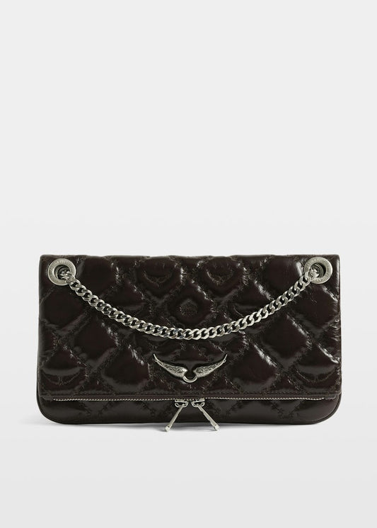 Black textured handbag with a chain detail on a white background