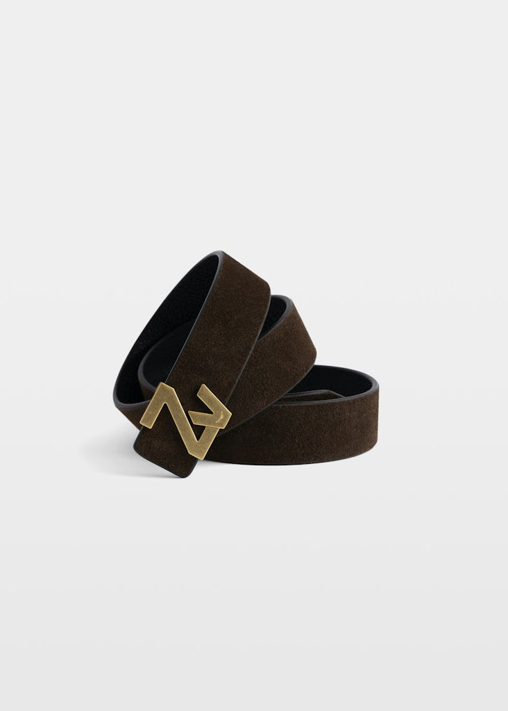 Brown suede belt with gold logo