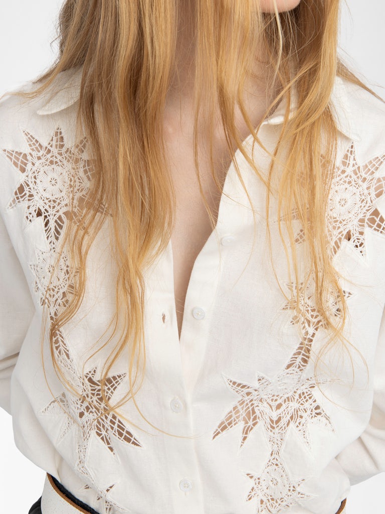 MORNING COTTON LIN BROD STAR LACE DETAIL SHIRT