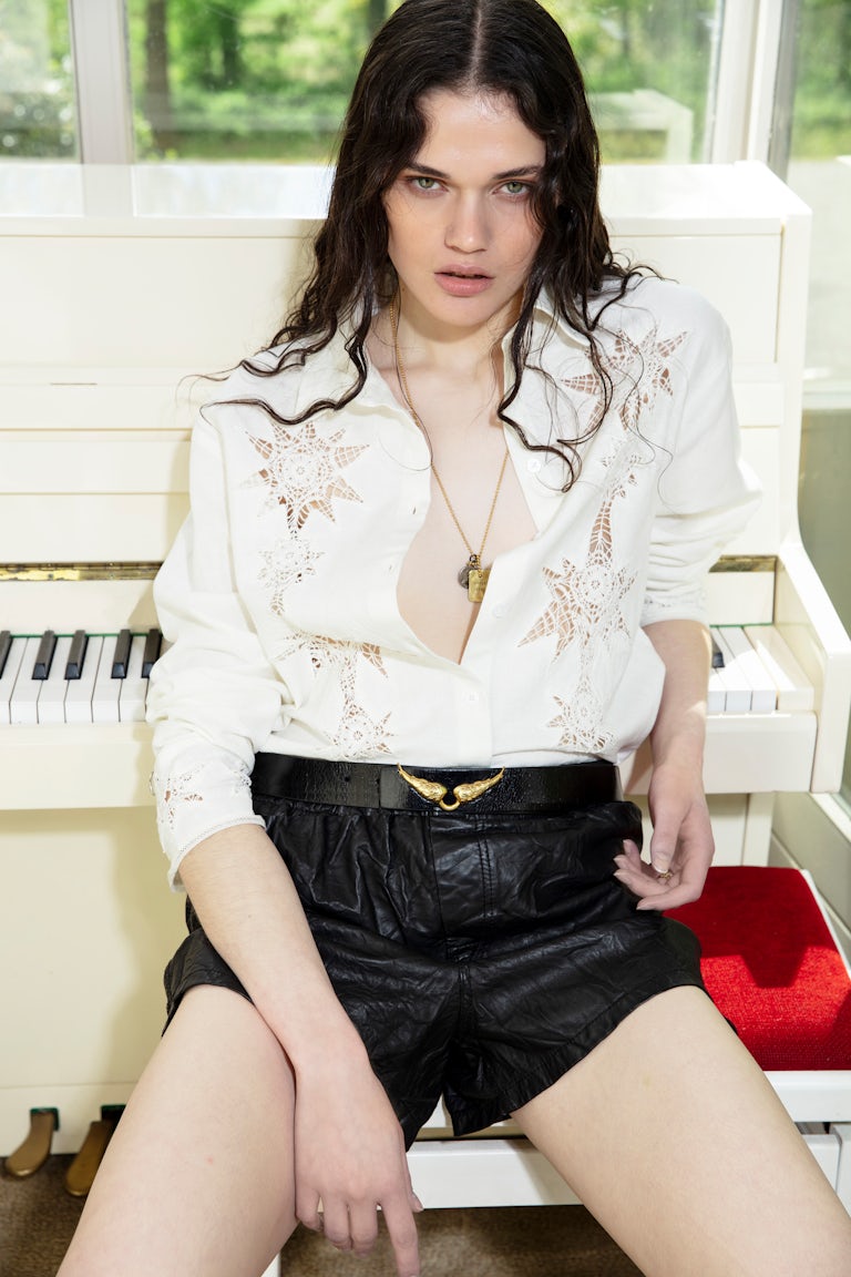 MORNING COTTON LIN BROD STAR LACE DETAIL SHIRT