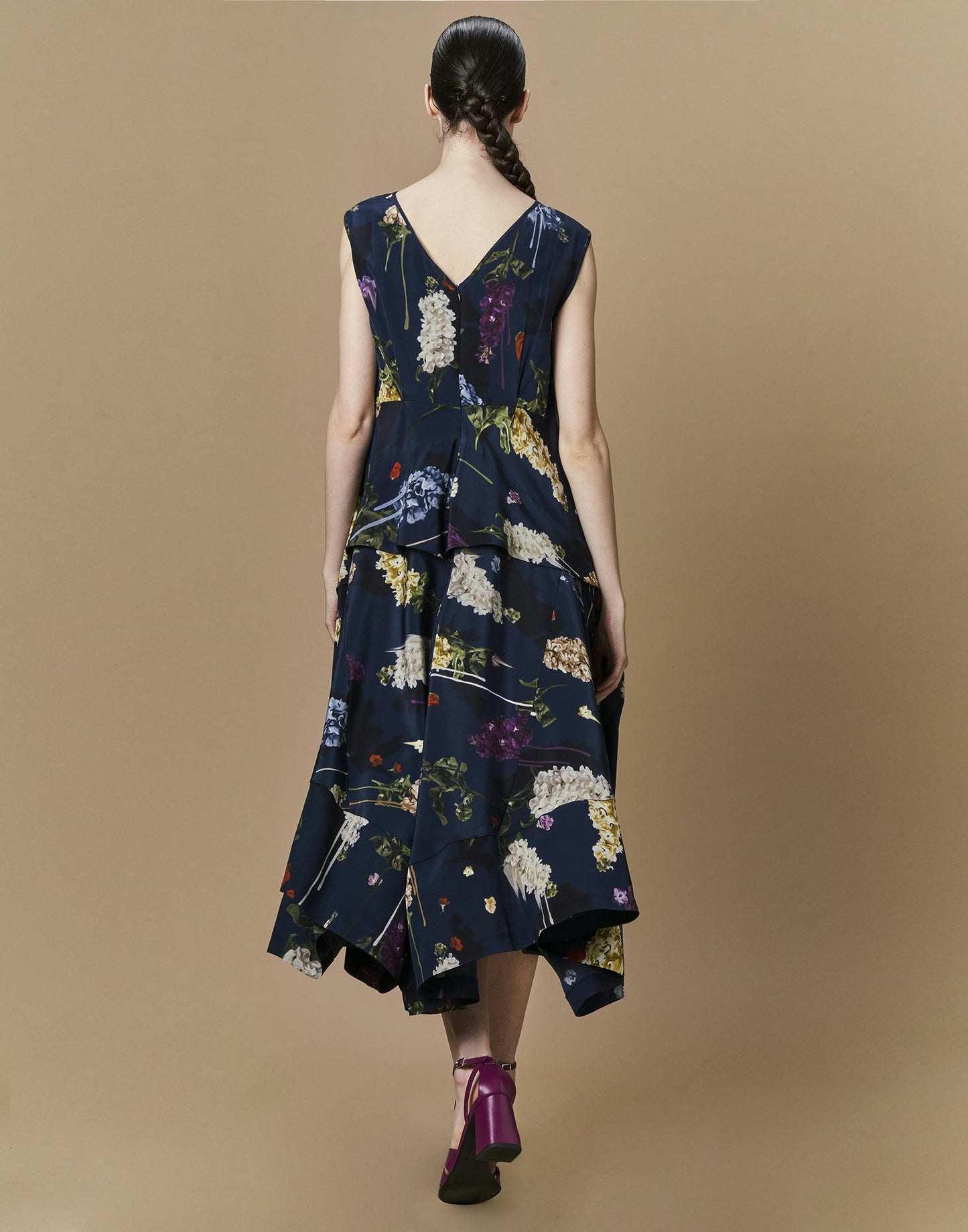 DAPPLED LIGHT FLOWING SLEEVELESS DRESS IN FLORAL PRINTED SILK