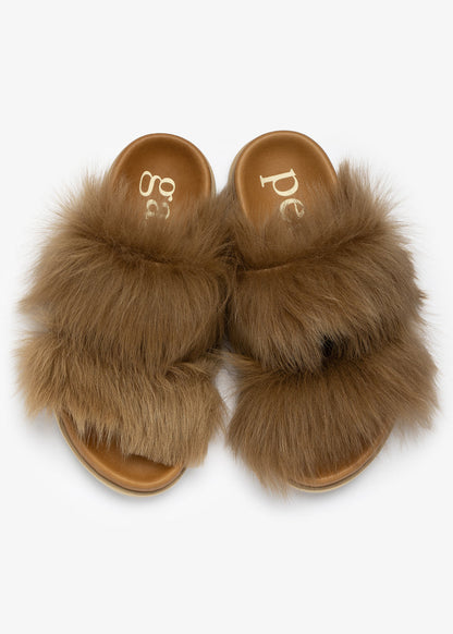 Pair of brown fuzzy slippers on a white background