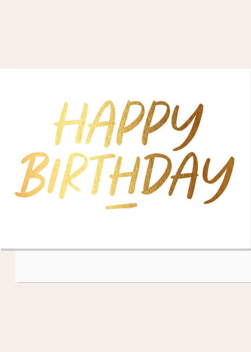 Greeting card with 'Happy Birthday' text in gold on a white background
