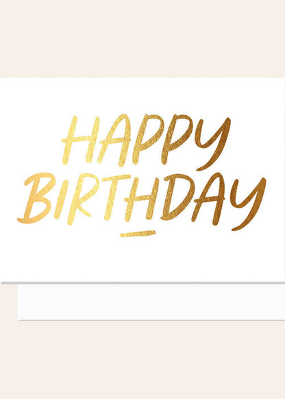 Greeting card with 'Happy Birthday' text in gold on a white background