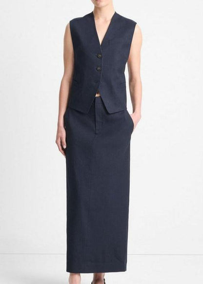 MID RISE LINEN BLEND MAXI SKIRT