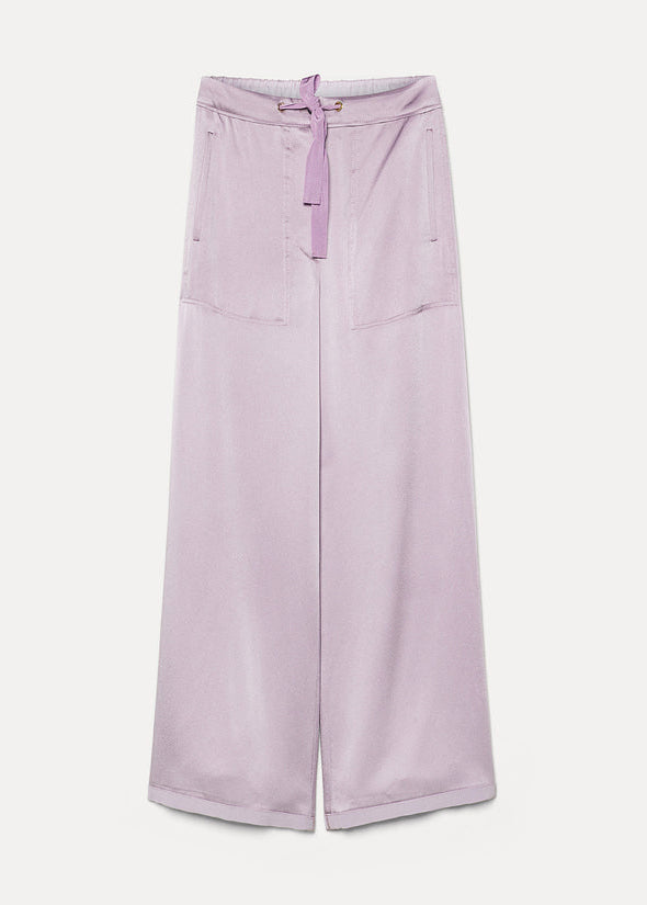 Light purple wide-leg pants with a tie detail on a white background