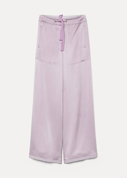Light purple wide-leg pants with a tie detail on a white background