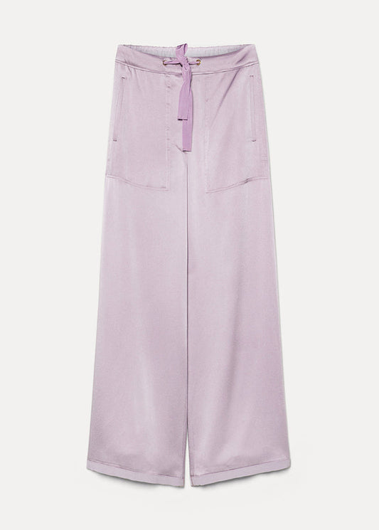 Light purple wide-leg pants with a tie detail on a white background