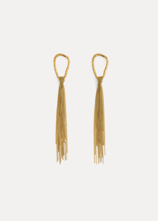 Gold tassel earrings on a light gray background