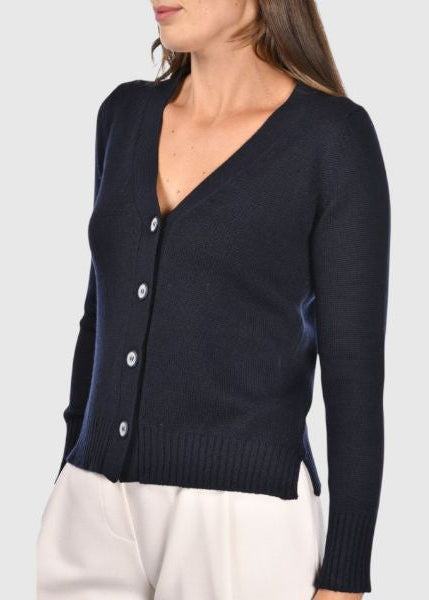 Navy blue cardigan worn by a person on a light gray background