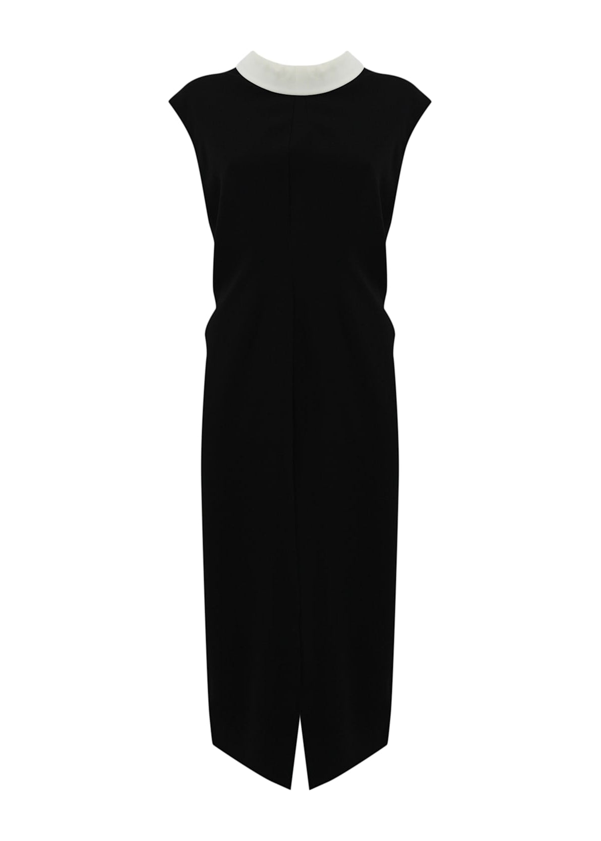 Black sleeveless dress with a white collar on a white background