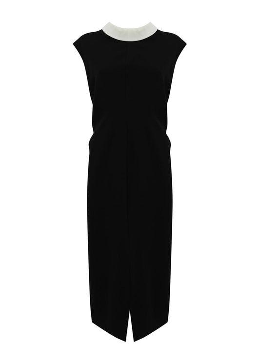 Black sleeveless dress with a white collar on a white background