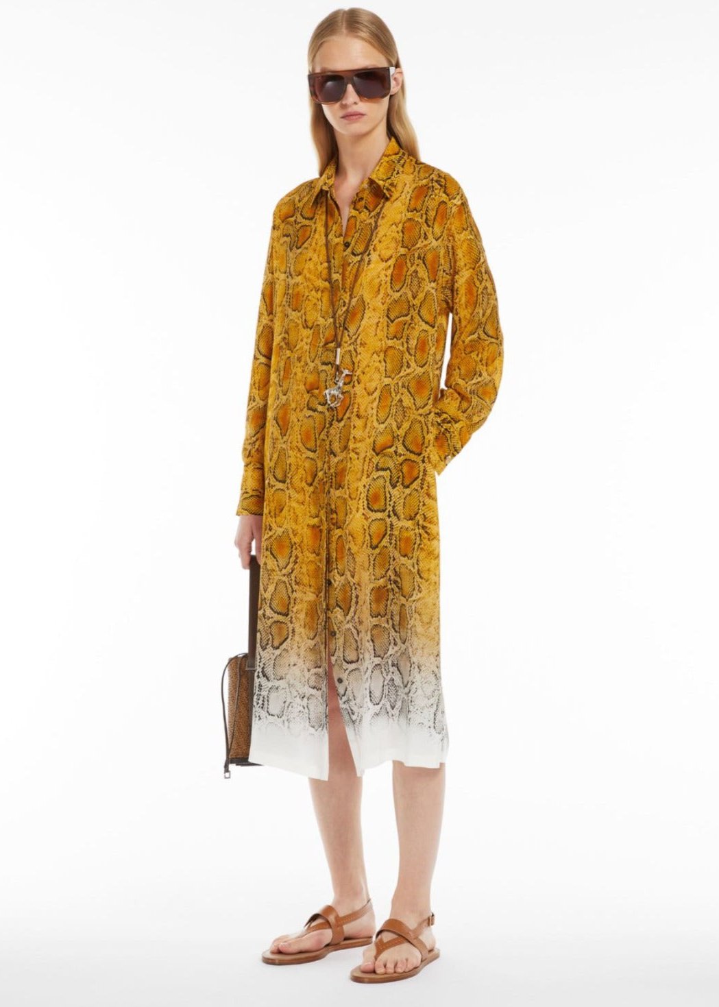 NEREO PRINTED SILK YELLOW PYTHON SHIRT DRESS